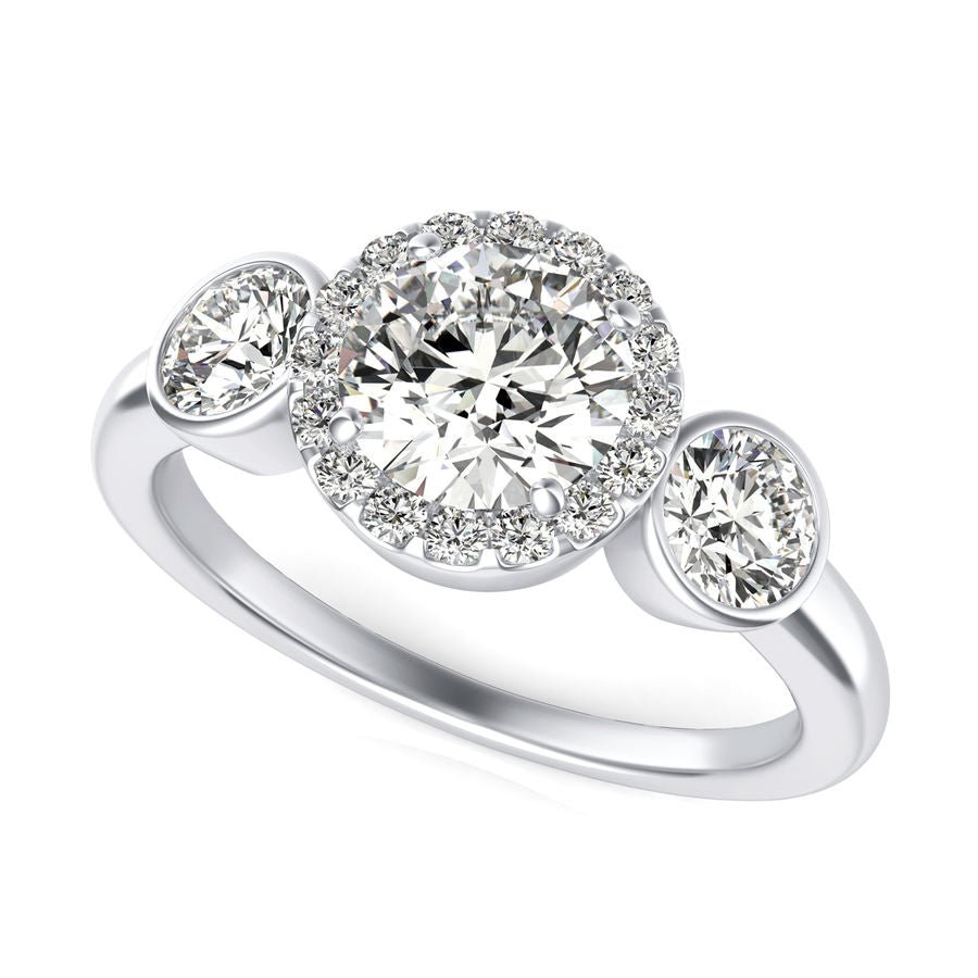 Three Stone Halo Engagement Ring - Jewelry Exchange Center