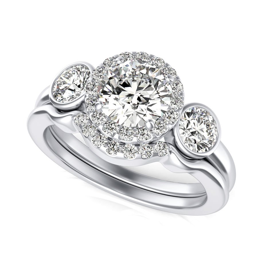 Three Stone Halo Engagement Ring With Matching Band - Jewelry Exchange Center