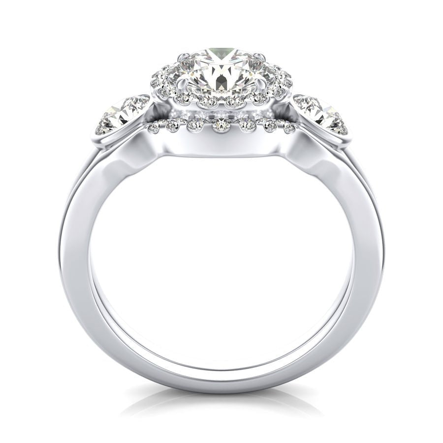 Three Stone Halo Engagement Ring With Matching Band - Jewelry Exchange Center