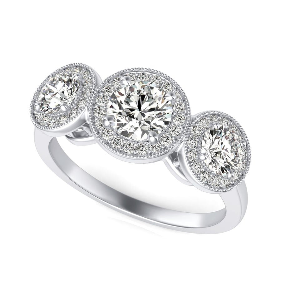 Three Stone Halo Engagement Ring - Jewelry Exchange Center