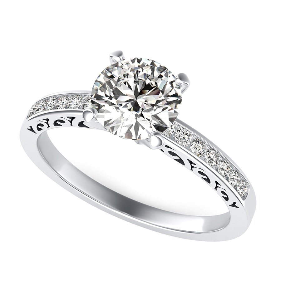 Cut Through Scroll Engraving Engagement Ring With Channel Set Side Stones - Jewelry Exchange Center