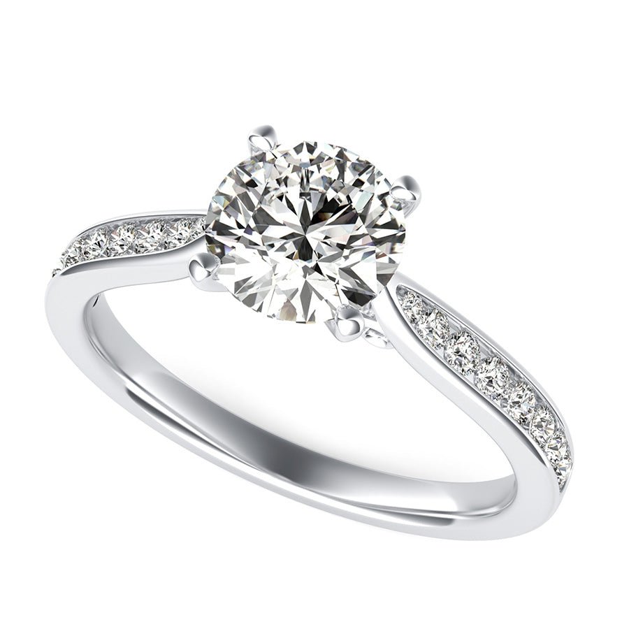 Cathedral Engagement Ring With Channel Set Side Stones And Scroll On The Side - Jewelry Exchange Center