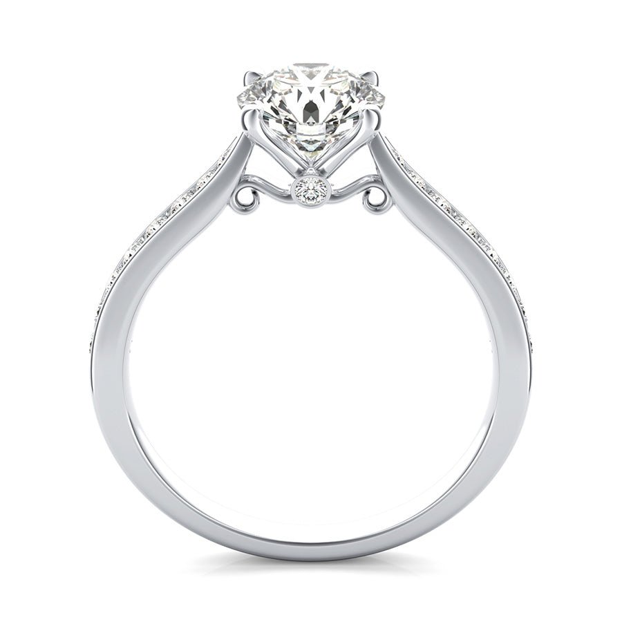 Cathedral Engagement Ring With Channel Set Side Stones And Scroll On The Side - Jewelry Exchange Center