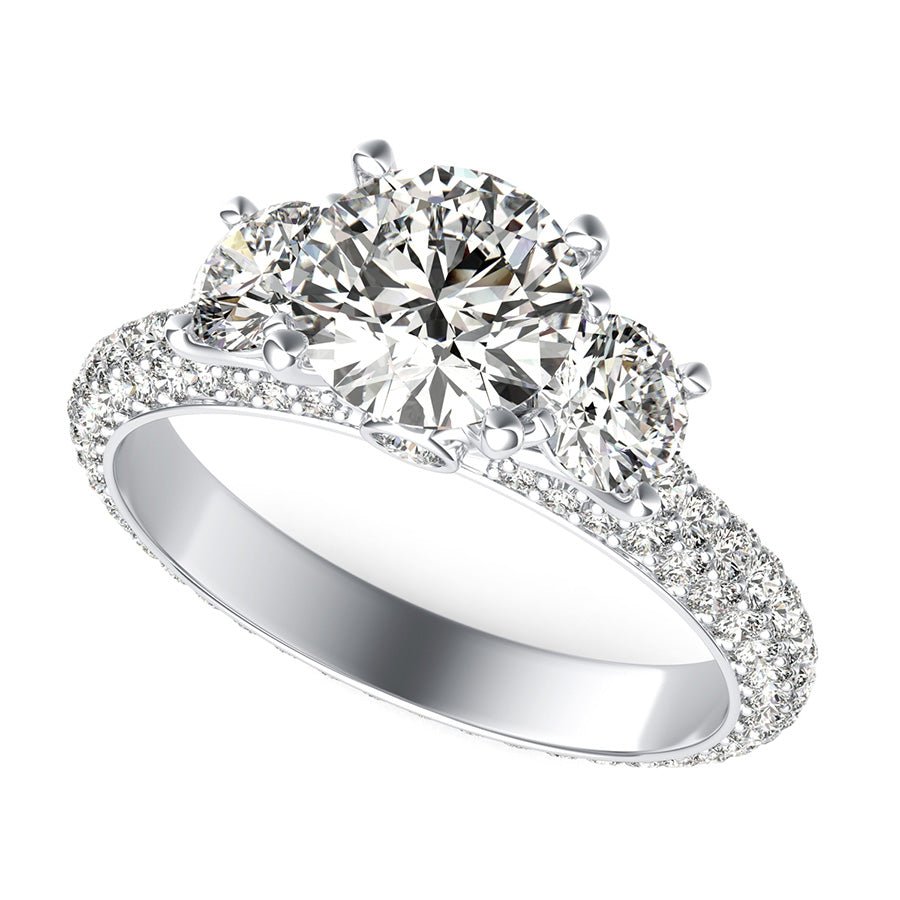 Yiara Three Stone Engagement Ring With Eternity Micro - Pave Shank - Jewelry Exchange Center