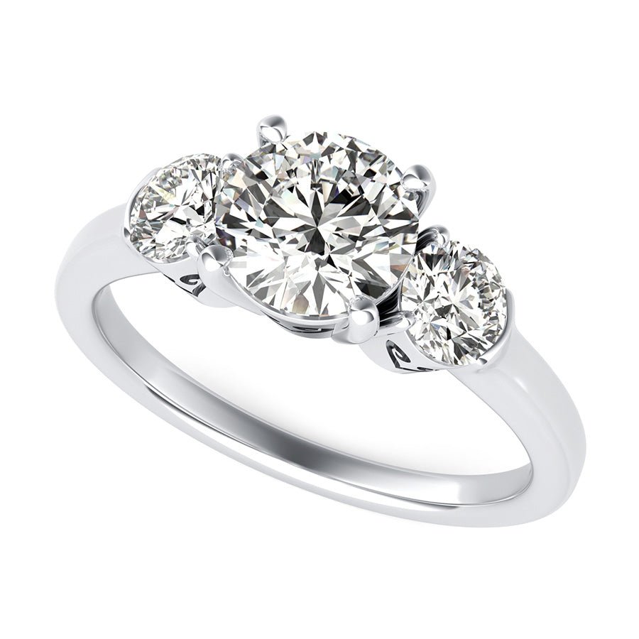 Three Stone Engagement Ring With Engraved Heart Basket - Jewelry Exchange Center