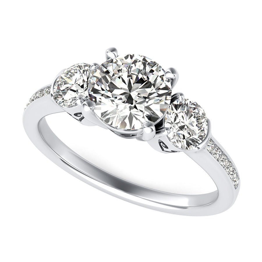 Three Stone Engagement Ring With Heart Basket and Diamond Shank - Jewelry Exchange Center