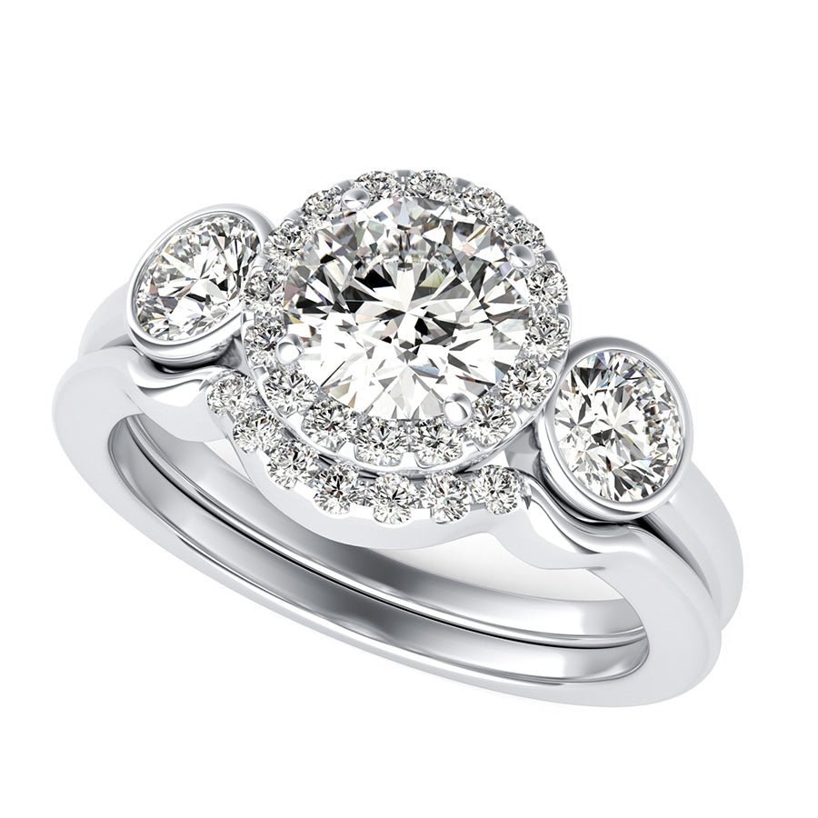 Simple Three Stone Halo Engagement Ring With Bezel Set Side Stones & Matching Band - Jewelry Exchange Center