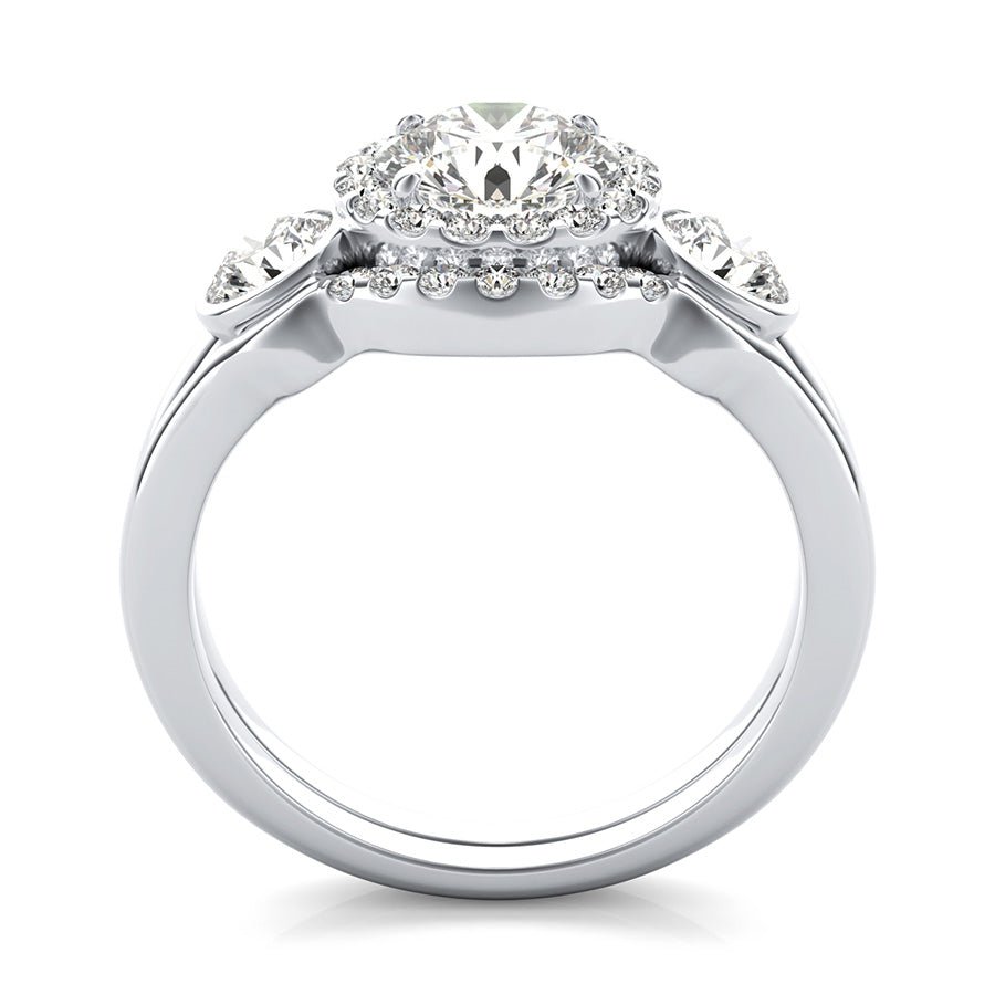 Simple Three Stone Halo Engagement Ring With Bezel Set Side Stones & Matching Band - Jewelry Exchange Center