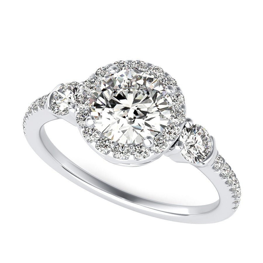 Three Stone Halo Engagement Ring With Scrolls On The Basket - Jewelry Exchange Center