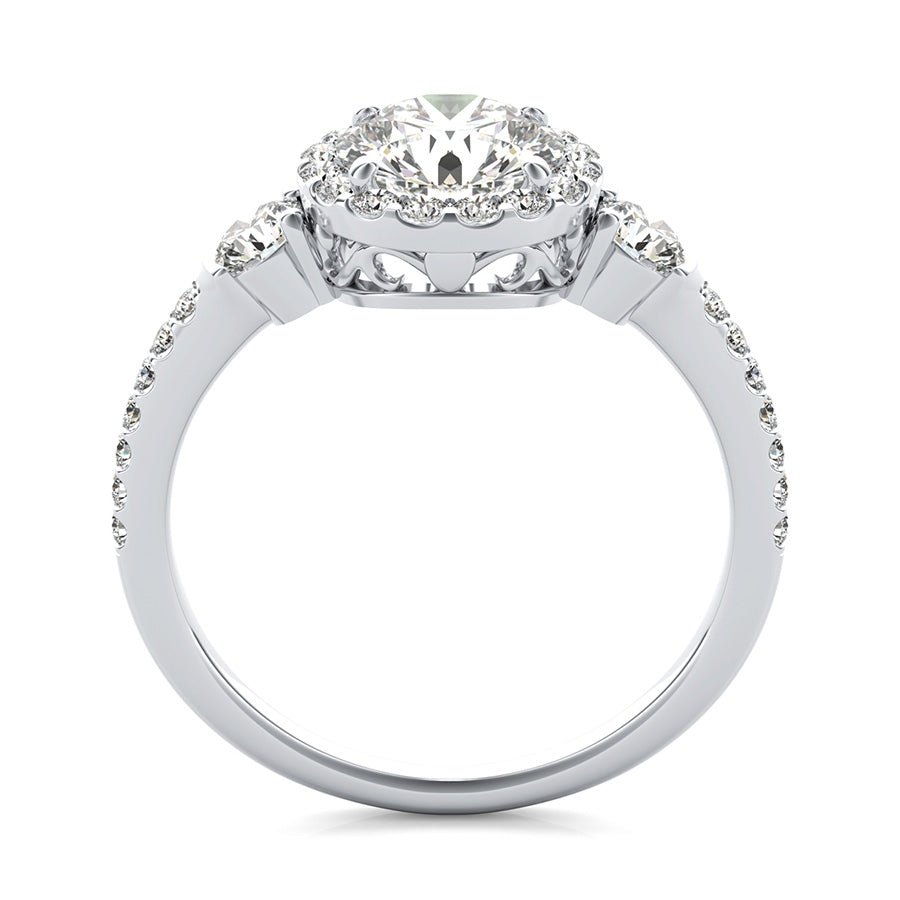 Three Stone Halo Engagement Ring With Scrolls On The Basket - Jewelry Exchange Center