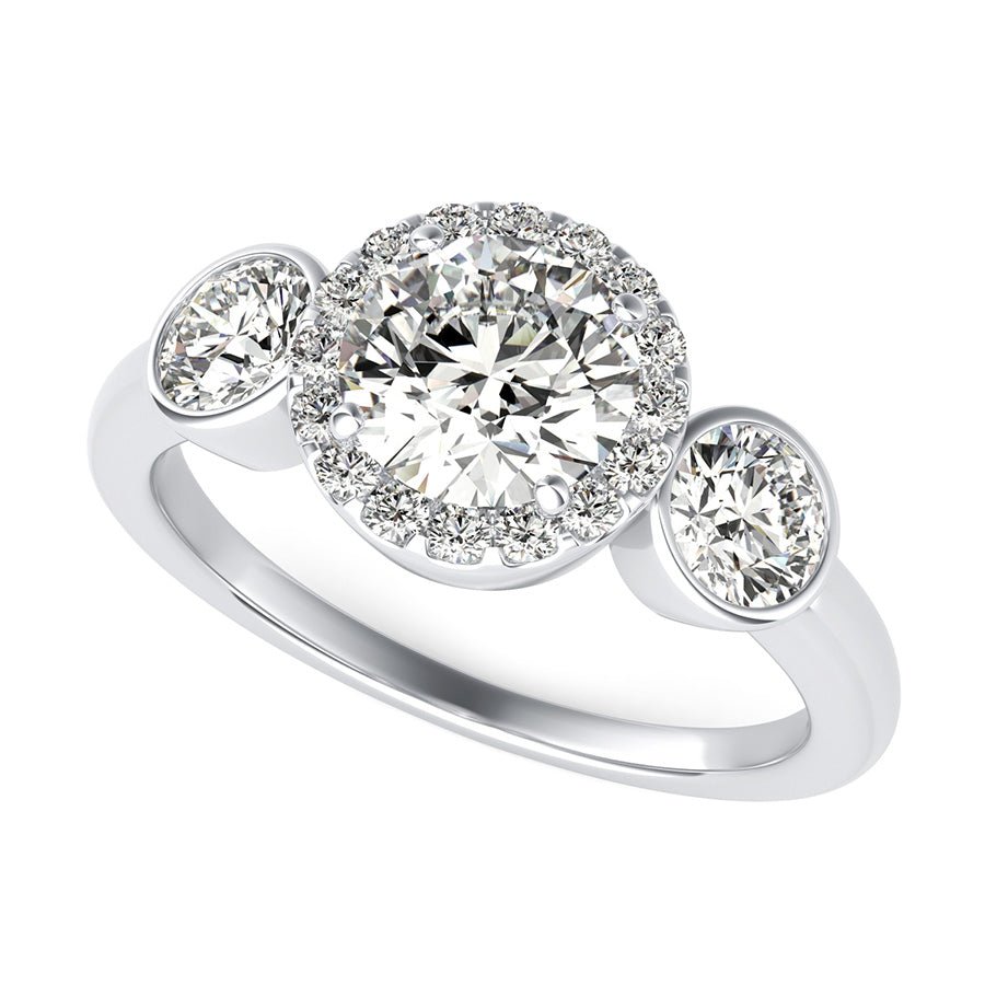 Simple Three Stone Halo Engagement Ring With Bezel Set Side Stones - Jewelry Exchange Center