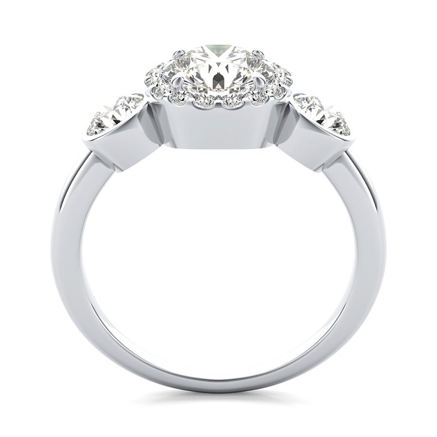Simple Three Stone Halo Engagement Ring With Bezel Set Side Stones - Jewelry Exchange Center