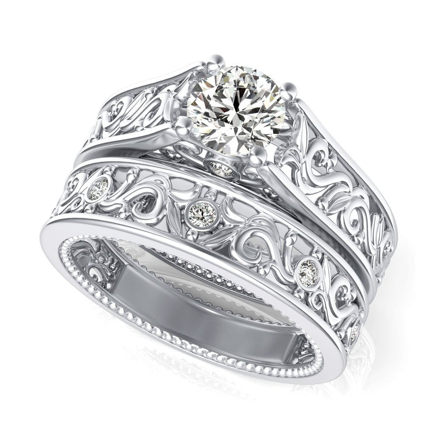 Filigree Cathedral Engagement Ring with Milgrain Set - Jewelry Exchange Center