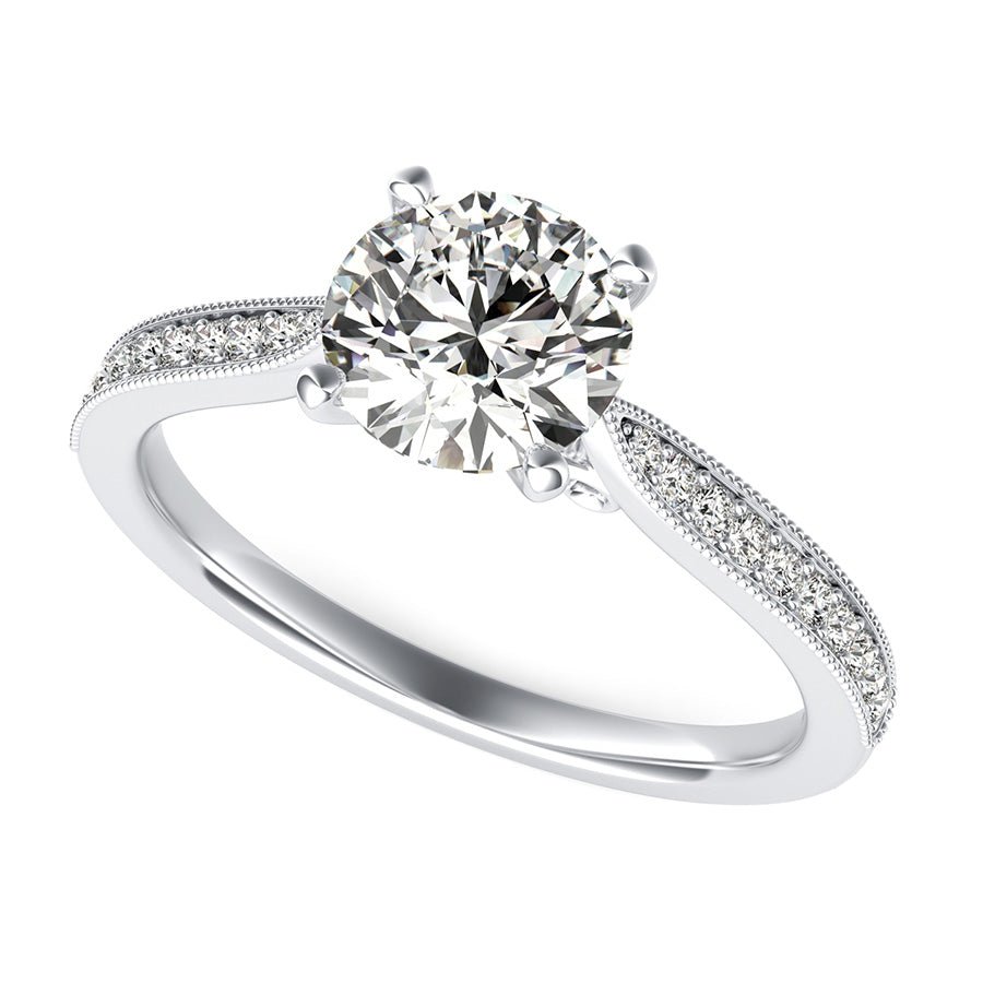 Cathedral Engagement Ring With Milgrain Pave Side Stones And Scroll On The Side - Jewelry Exchange Center