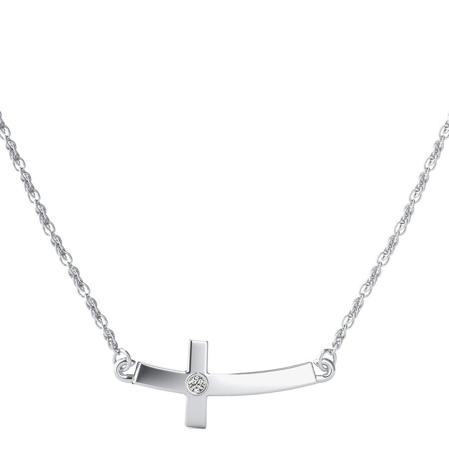 Sideways Curved Cross Pendant With Bezel Set Stone - Jewelry Exchange Center