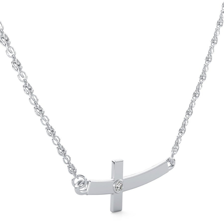 Sideways Curved Cross Pendant With Bezel Set Stone - Jewelry Exchange Center