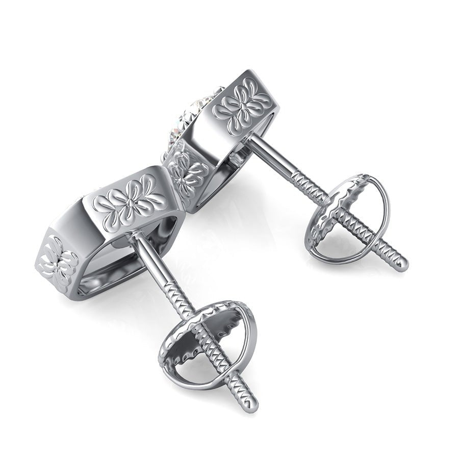 Flower Engraving Halo Earrings - Jewelry Exchange Center
